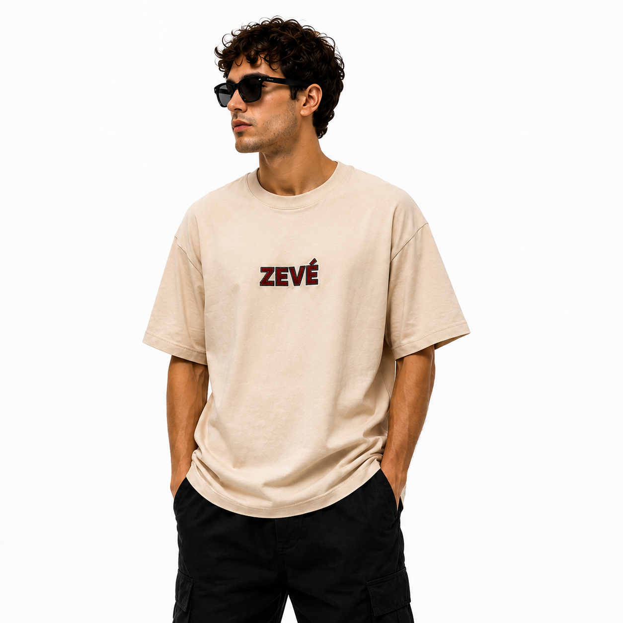 ZEVÉ Beige Oversized Graphic T-Shirt worn by model