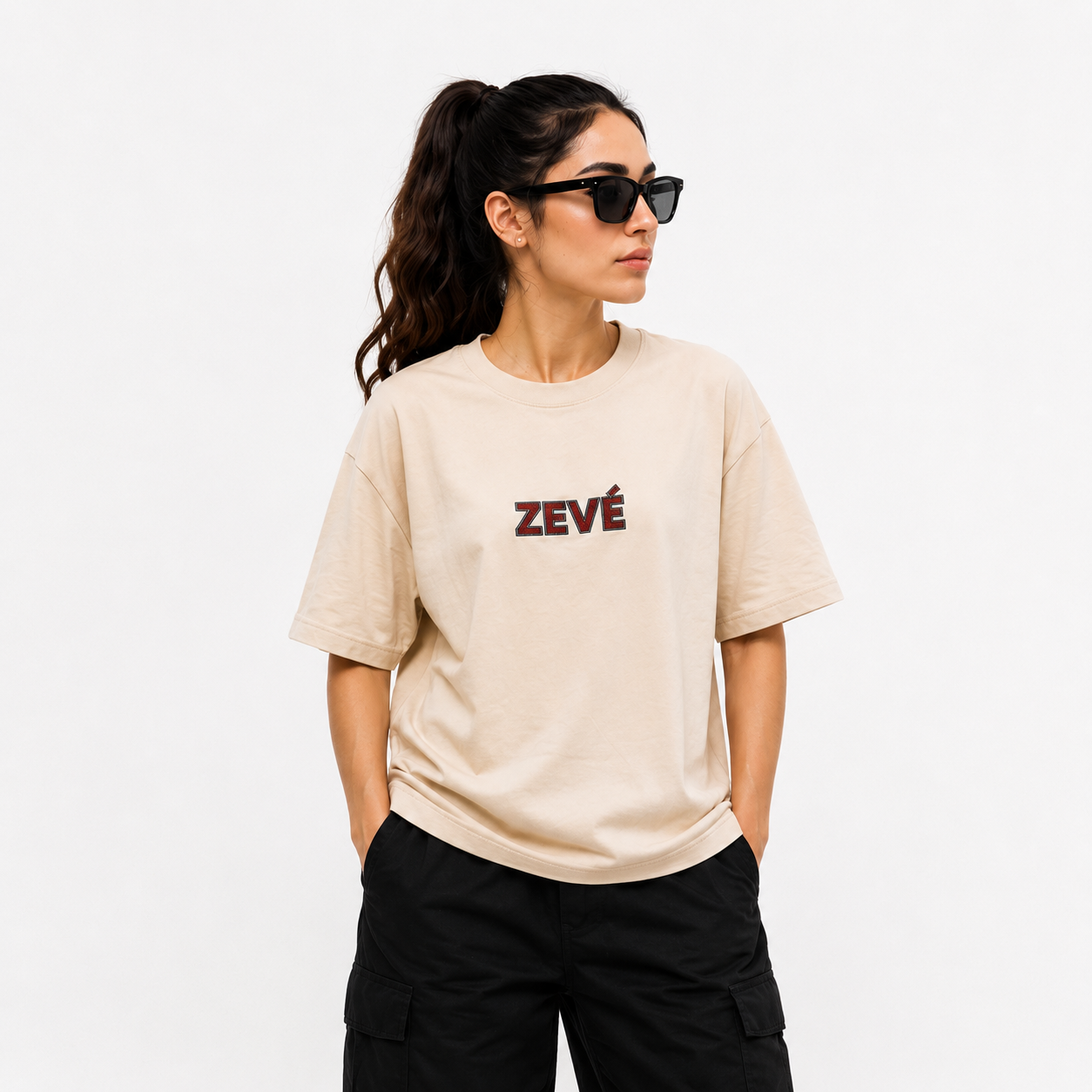 ZEVÉ Beige Oversized Graphic T-Shirt lifestyle shot