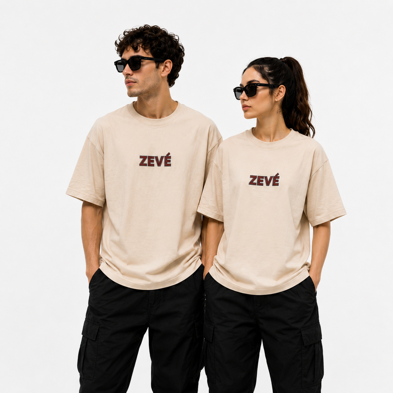 ZEVÉ Beige Oversized Graphic T-Shirt front view