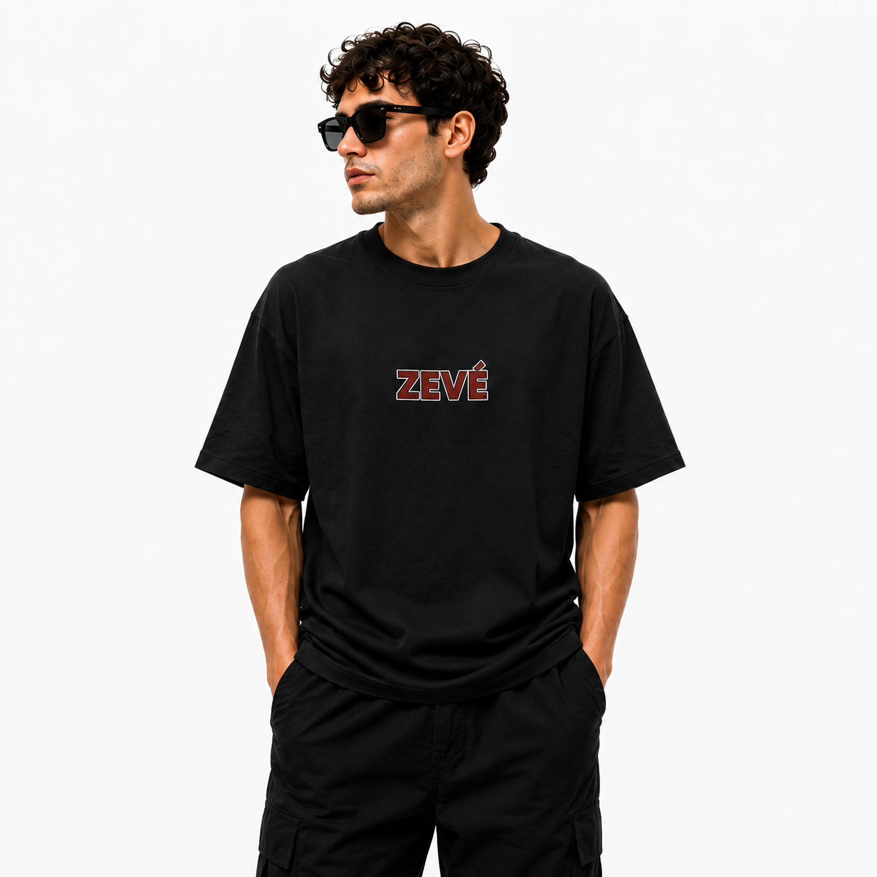ZEVÉ Black Oversized Graphic T-Shirt worn by model